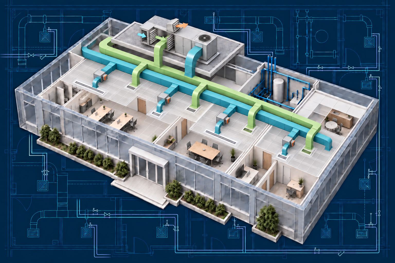 Concept illustration of HVAC ductwork and plumbing within a commercial building