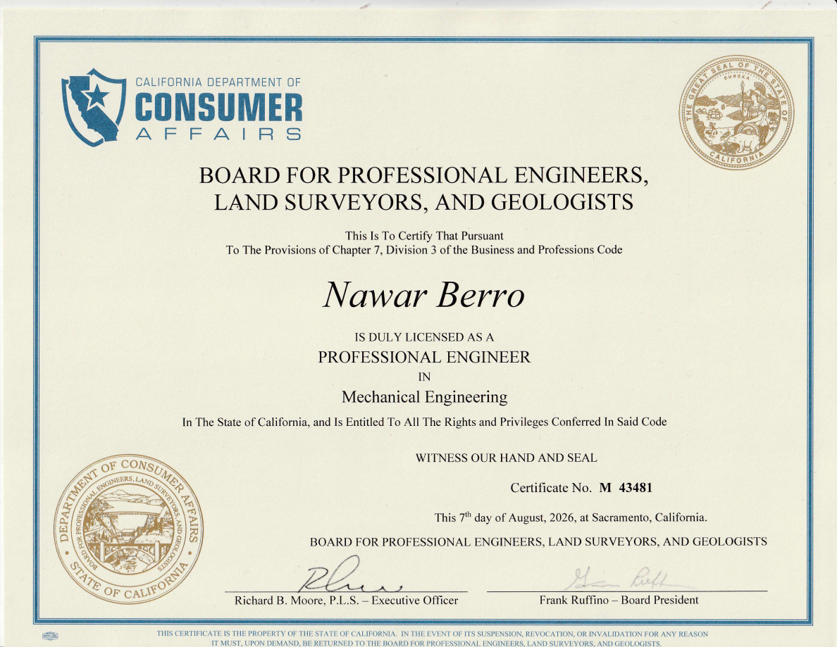 California Mechanical Professional Engineer certificate for Nawar Berro, certificate M 43481